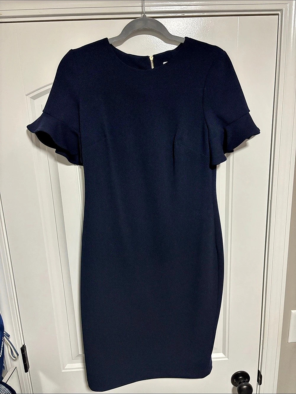 Calvin Klein Ruffle-Sleeve Sheath Dress Navy Blue Size 6